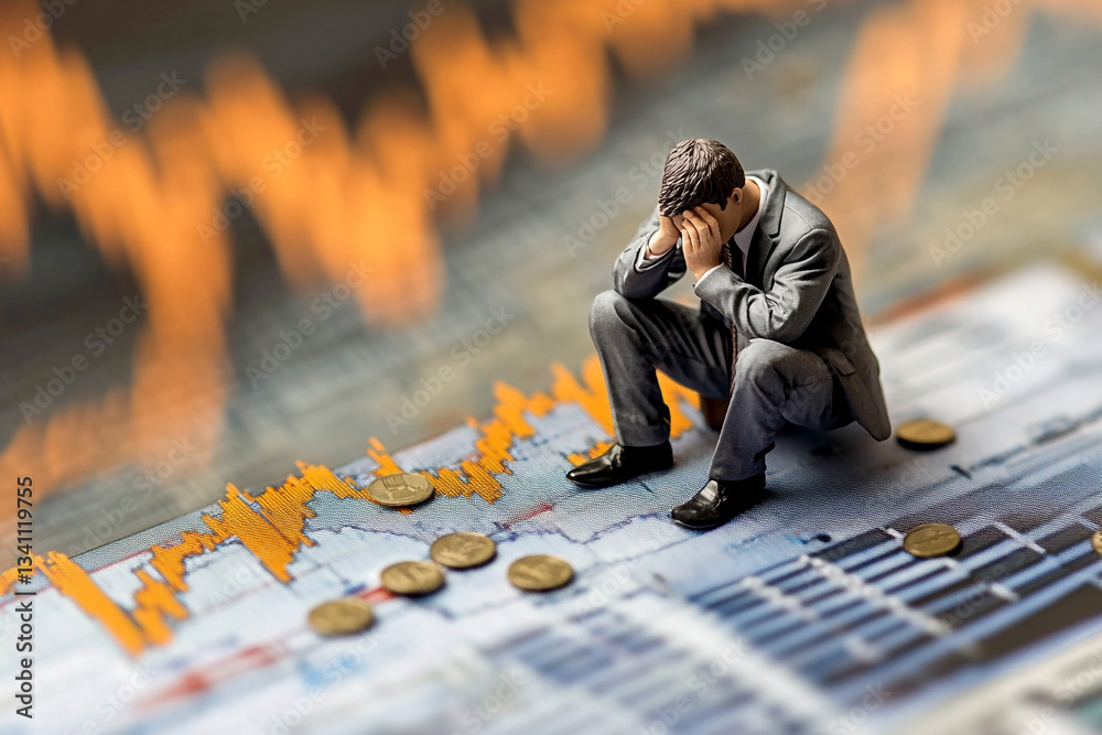 A struggling businessman sits at a desk covered with financial documents, graphs, and scattered papers, symbolizing unemployment, bankruptcy, and economic collapse