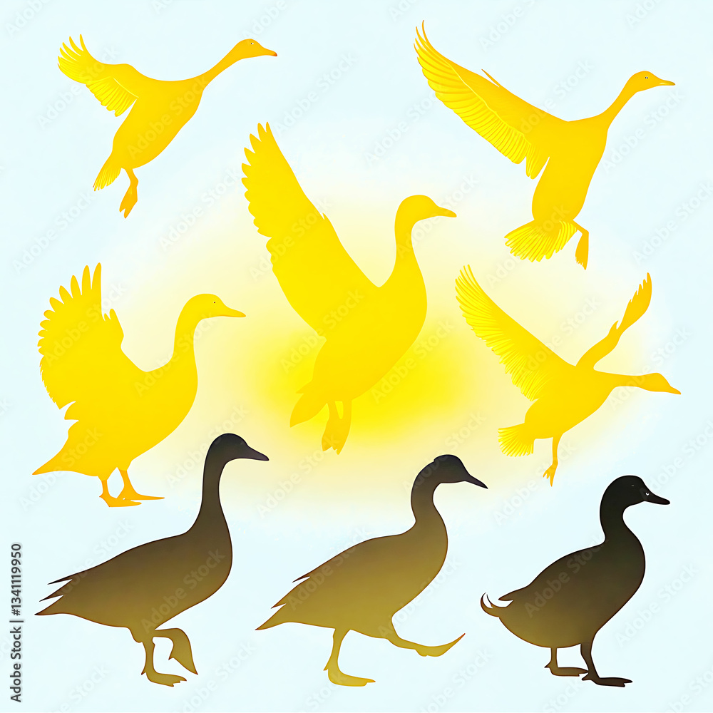 Fototapeta premium Duck Silhouette Collection - Black and White Set of ducks silhouettes in different poses.