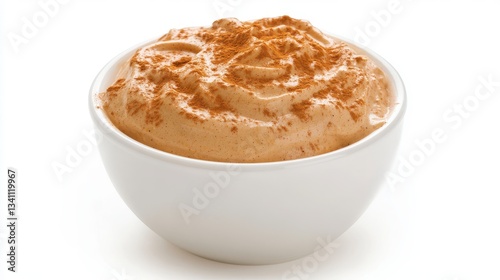 Spiced pumpkin mousse with pumpkin, cinnamon, and whipped cream, presented in a white bowl, autumnal and creamy Hyper-quality professionnal photography, ultra detailed, high resolution