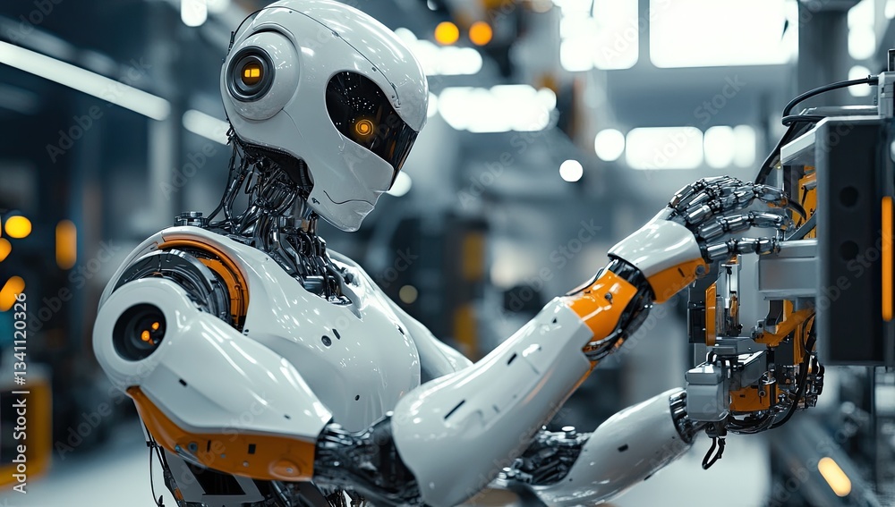 Fototapeta premium Advanced robotic arm in factory setting. Precise assembly work