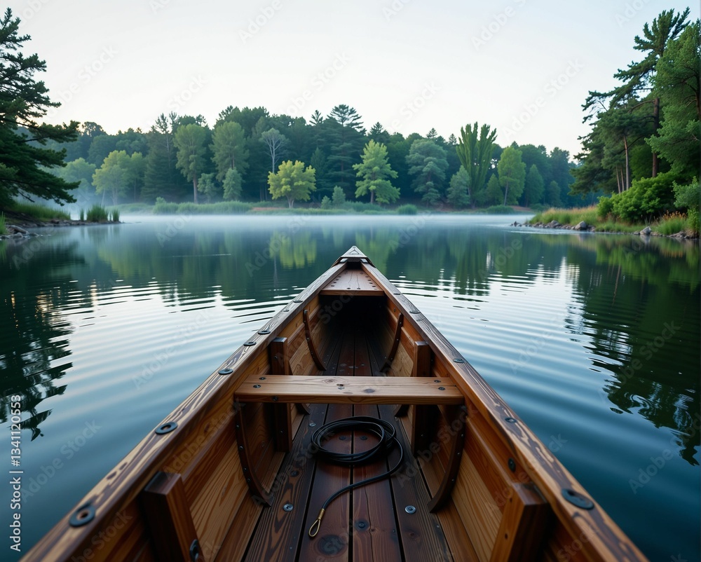 A serene wooden canoe floats on calm waters, surrounded by lush greenery and mist, capturing a tranquil morning scene. A serene wooden canoe floats on calm waters, surrounded by lush greenery and mist, capturing a tranquil morning scene.