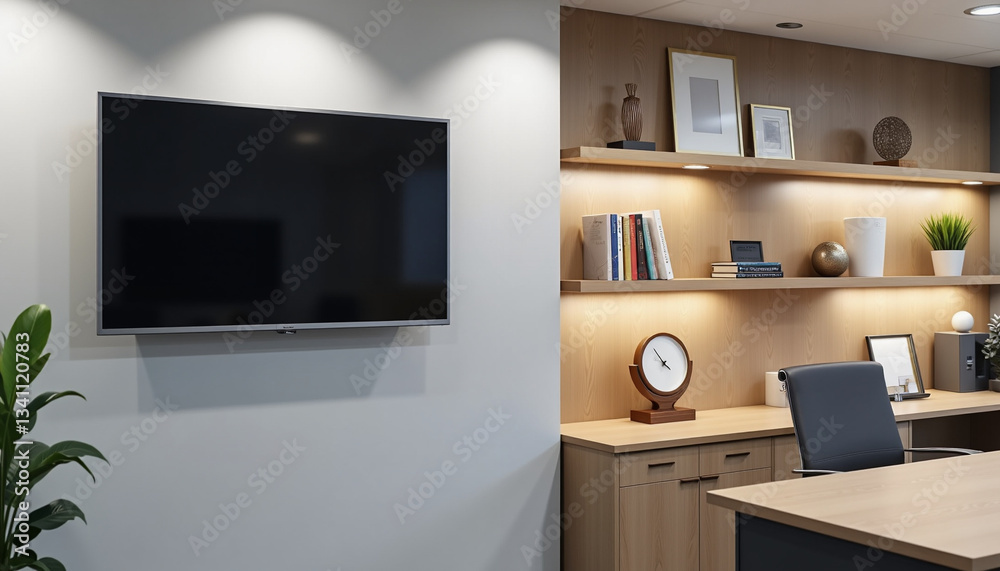Modern office interior with a TV and neatly organized shelves  
