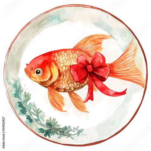 Watercolor Haft sin red Goldfish on plate. Traditional Persian New Year Garlic, isolated on a white background. Nowruz vector design set	