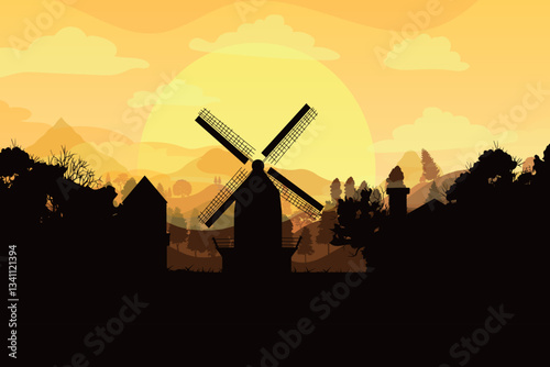 Mill against the backdrop of sunset. Beautiful village landscape. Vector graphics