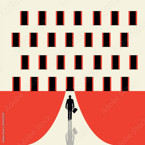 Businessman walking towards an open door. Minimalism. Concept of motivation, personal growth, hard work, big ambitions, opportunities, hope. Vector.