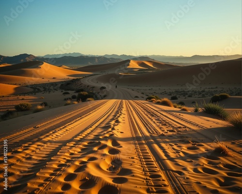 A serene desert landscape at sunset, featuring golden sand dunes and tire tracks leading into the horizon.
