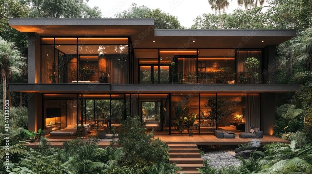 Modern architectural masterpiece nestled in lush greenery, showcasing a harmonious blend of nature and contemporary style Modern architectural masterpiece nestled in lush greenery, showcasing a harmonious blend of nature and contemporary style