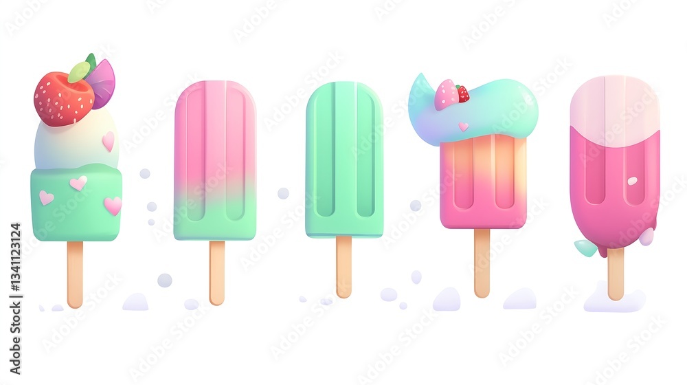 A set of assorted popsicles on a stick, cute cartoon kids style image, summer bright colors, items isolated on white background