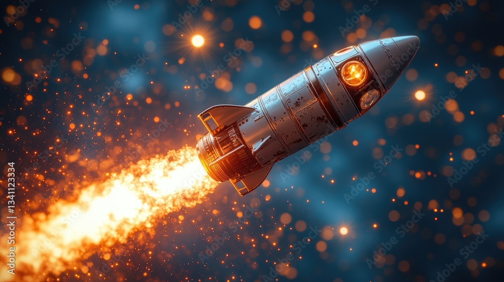 Fototapeta premium A vintage-inspired rocket launching into the cosmos, surrounded by vibrant sparks and a mesmerizing cosmic backdrop