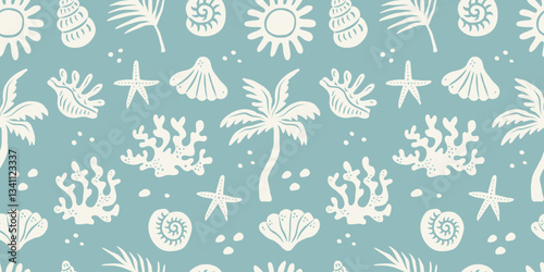 Vector seamless pattern with palm tree, sun, seashell, coral and starfish in groovy naive style. Hand drawn marine summer print. Collage abstract elements. Tropical vacation, beach and ocean concept.