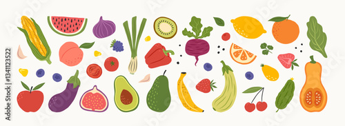 Hand drawn fruits and vegetables. Modern abstract minimal style. Healthy organic food. Strawberry, onion, zucchini, apple, orange, leek, watermelon, corn, pepper, beet. Vector flat illustration.