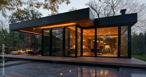Modern home with glass walls and warm interior lighting overlooking a wooden patio and lush greenery. Dusk setting with natural light