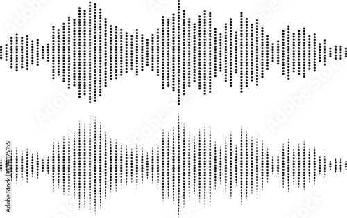 Black halftone vector design of sound waves flows seamlessly against a clean white background. This waveform pattern is perfect for representing music, dictaphone recordings, podcasts, voice messages