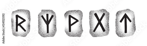 Elder Futhark rune stone set. Ancient Norse symbols for divination and magic. Vector illustration. Raidho, Algiz, Wunjo, Gebo, Tiwaz by dotwork 