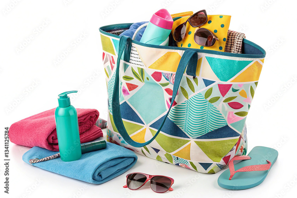 Obraz premium Beach Bag with Accessories isolated on white background, Generative AI