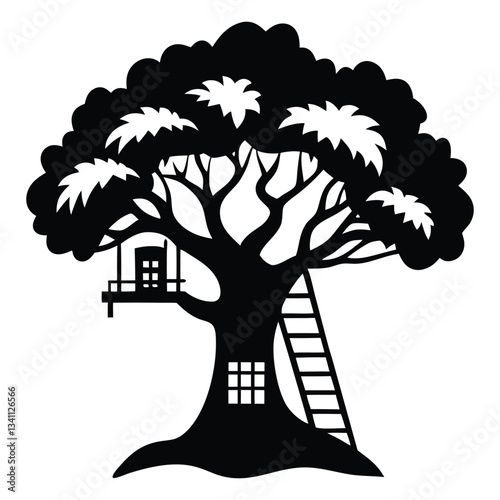 House with a tree, Silhouette vector of a treehouse