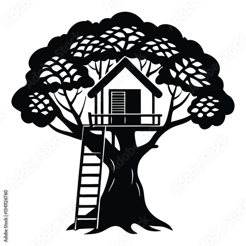 House with a tree, Silhouette vector of a treehouse