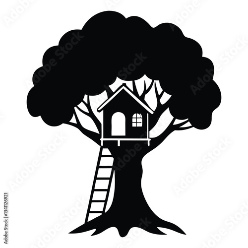 House with a tree, Silhouette vector of a treehouse