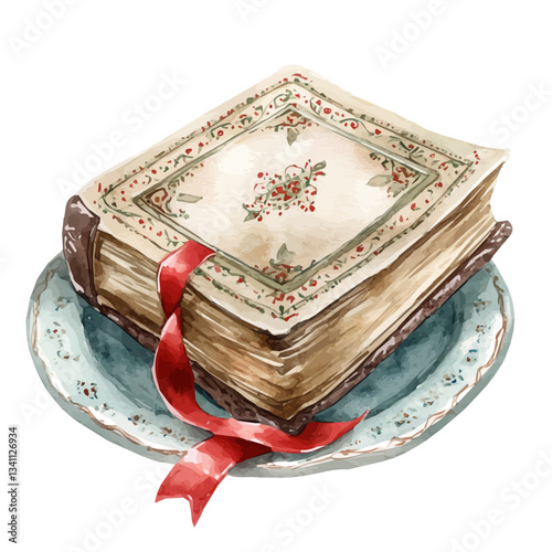 Watercolor Haft sin Holy Book or Divan of Hafez with red ribbon white plate. Traditional Persian New Year Garlic, isolated on a white background. Nowruz vector design set	