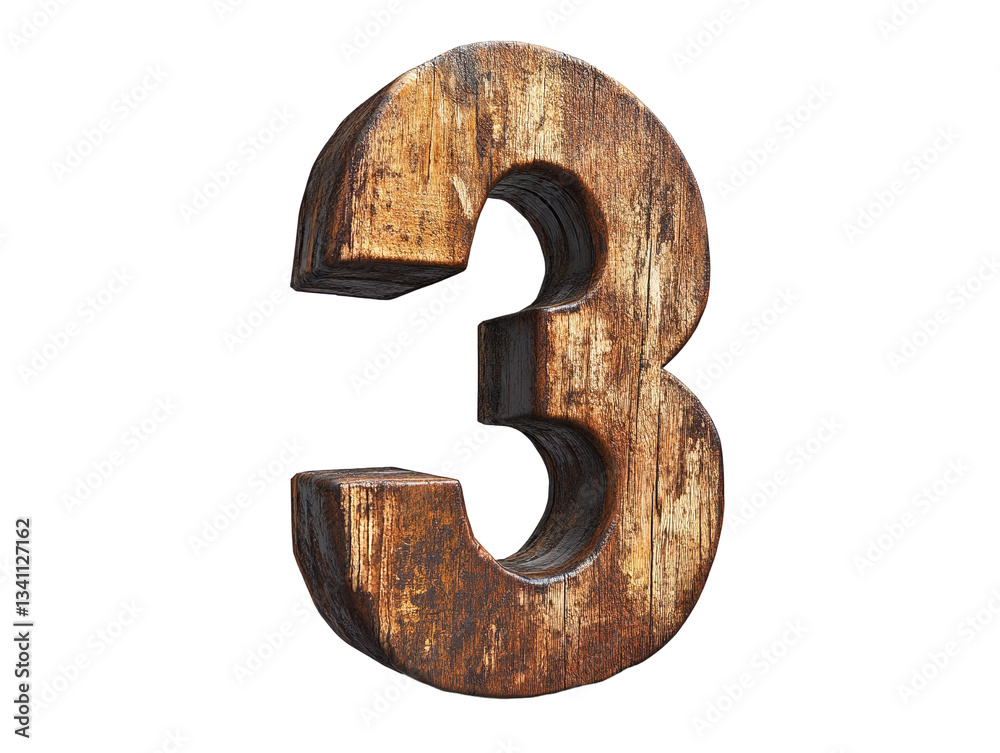 A large wooden 3D style number three isolated on white. A large wooden 3D style number three isolated on white.