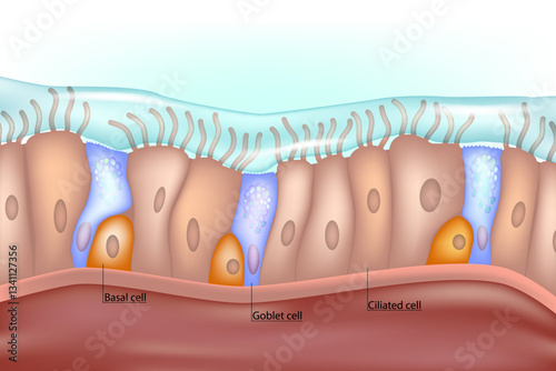 Respiratory Epithelium Cell Structure Illustration. Ciliated, Basal, and Goblet Cells Diagram. Mucociliary Epithelium Cross Section Illustration