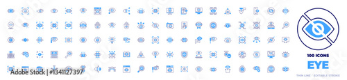 100 Eye Icons Collection. Bold line style. Duotone colors. eye surgery, bionic eye, eye tracking, eye, focus, mascara, smartphone, vision, audit, monitoring