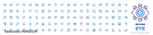 100 Eye Icons Collection. Bold line style. Duotone colors. vision, view, eyelashes, research, password, metis, crystal ball, brand, views, blind, objective, god