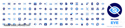 100 Eye Icons Collection. Bold style. Duotone colors. eye surgery, bionic eye, eye tracking, eye, focus, mascara, smartphone, vision, audit, monitoring