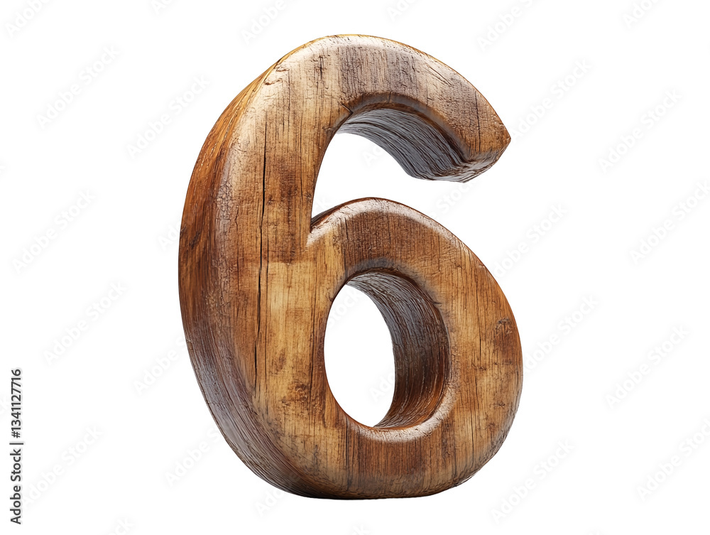 the number 6 carved into wood and set against a white background.