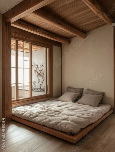 A minimalist bedroom with a wood frame and a low platform bed