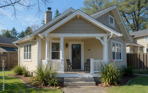 Small single-story house sloping roof porch is painted ADU dwelling unit
