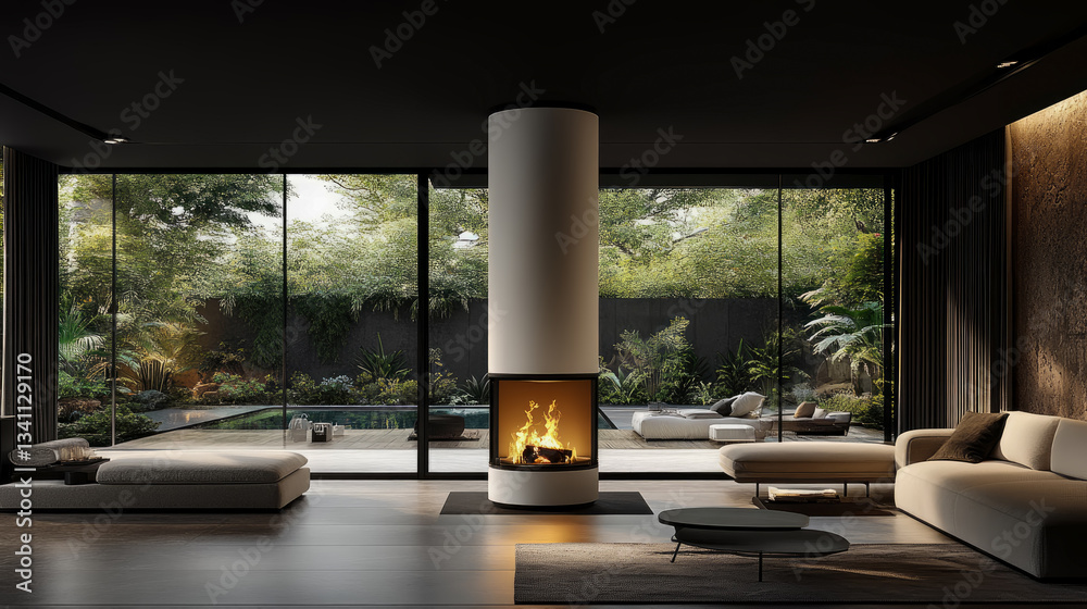 Fototapeta premium Serene interior with fire and garden