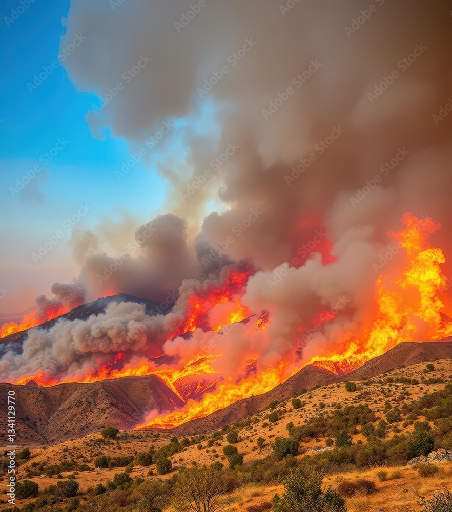 Fototapeta premium Fiery inferno engulfing landscape, smoke billowing, nature, embers