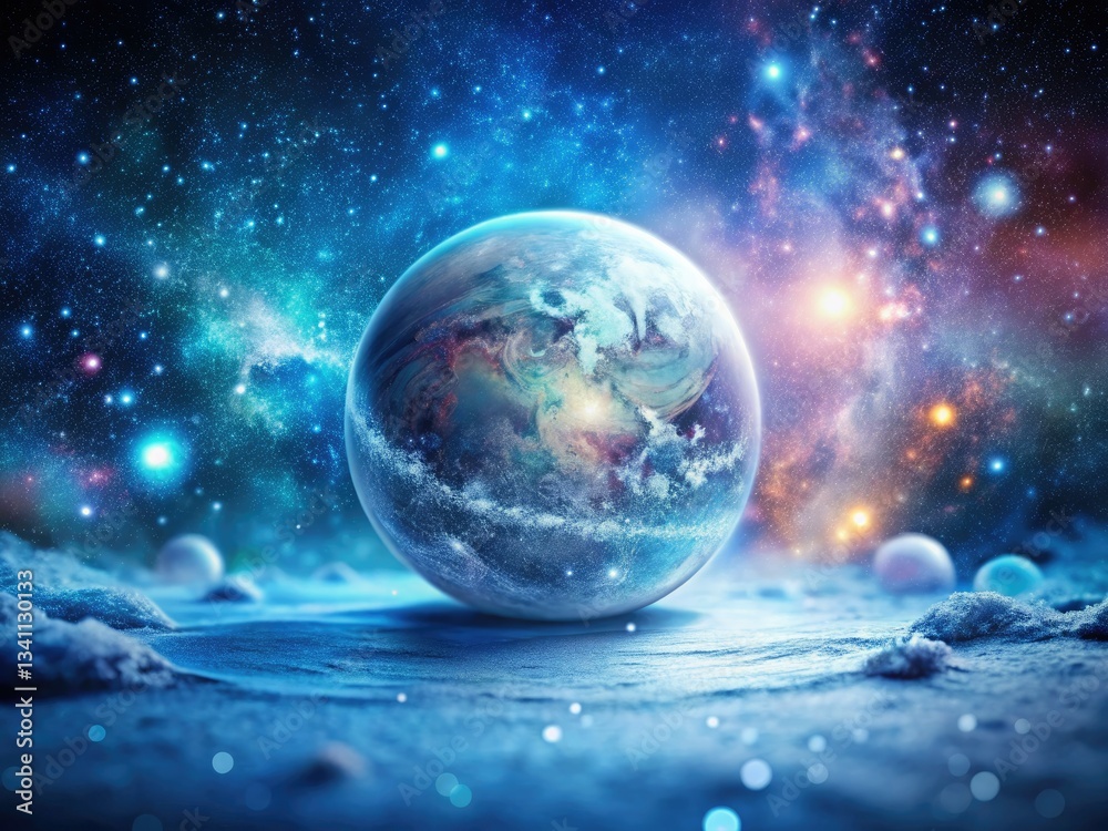 Icy celestial serenity: a frozen planet bathed in cosmic starlight, a breathtaking starry night. Icy celestial serenity: a frozen planet bathed in cosmic starlight, a breathtaking starry night.