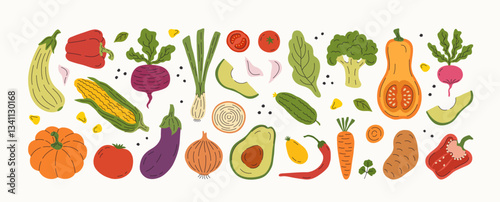 Set hand drawn colorful vegetables. Modern abstract minimal style. Healthy organic food. Salad, tomato, onion, zucchini, eggplant, leek, radish, potato, corn, peppers, beet. Vector flat illustration.