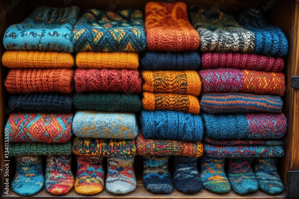 Fototapeta premium Piles of Colorful Knitted Socks and Other Accessories Stacked Neatly on a Shelf, Displaying a Variety of Warm, Vibrant Patterns and Textures for Autumn or Winter