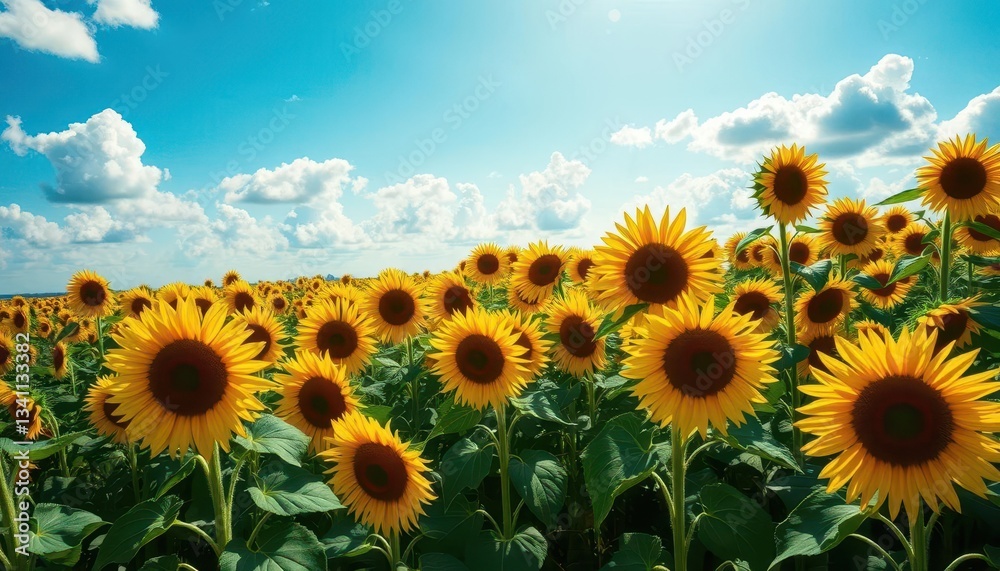 Fototapeta premium Vast sunflower field under a bright blue sky, fluffy clouds visible, green, sky