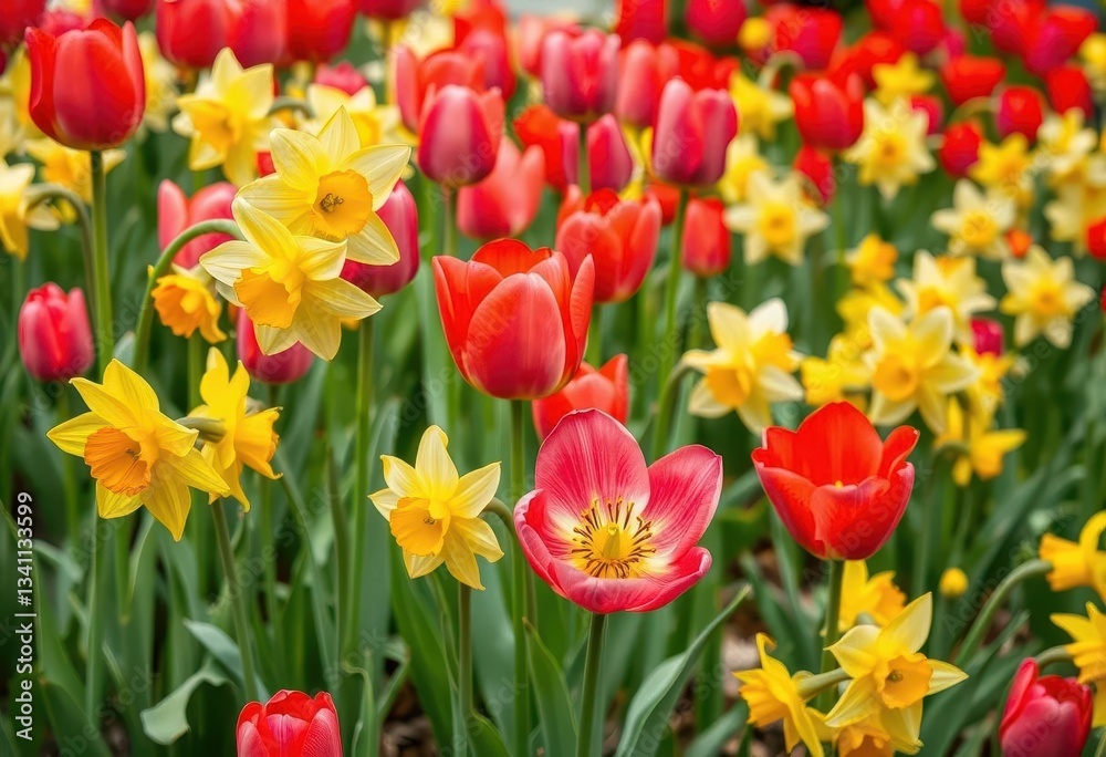 Vibrant spring blooms of tulips and daffodils in a garden, daffodils, springtime Vibrant spring blooms of tulips and daffodils in a garden, daffodils, springtime