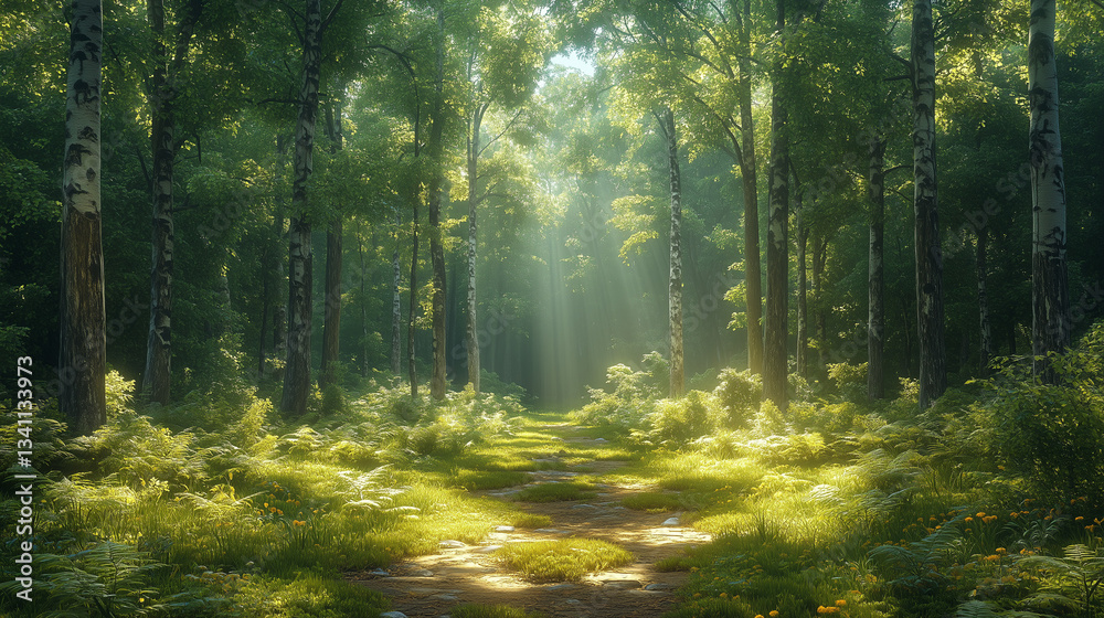 Naklejka premium Sunlight filters through lush green trees in a serene forest scene during early morning hours