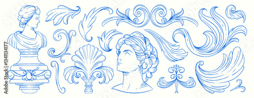 Hand-Drawn Baroque Decorative Elements with Classical Statue Busts, Ornamental Swirls, and Floral Motifs