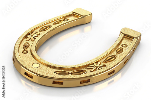 3D Golden Horseshoe on White Background. A shiny 3D-rendered golden horseshoe, isolated on a clean white background. Perfect for luck and decorative themes.