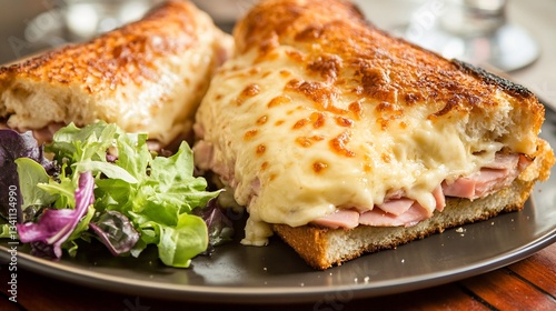 French croque monsieur sandwich ham bchamel and melted gruyere cheese served with a side salad photo
