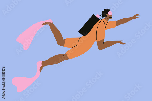 African American diver in diving suit, mask, oxygen tank and fins. Sea sport diving. Cartoon vector illustrations isolated on background.