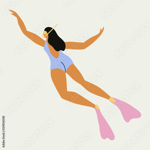 Scuba diver woman in suit, mask and fins. Underwater extreme sea marine sport, snorkel. Cartoon vector illustrations isolated on background.