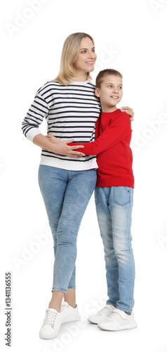 Happy mother and son on white background