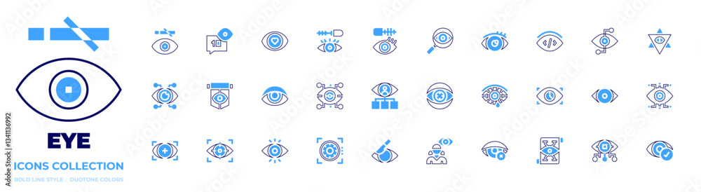 Eye icon collection. Bold line style. Duotone colors. eye surgery, eye, sight, conjunctivitis, blindness, eye mascara, eye scan, bionic eye, red eye Eye icon collection. Bold line style. Duotone colors. eye surgery, eye, sight, conjunctivitis, blindness, eye mascara, eye scan, bionic eye, red eye