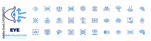 Eye icon collection. Bold line style. Duotone colors. cry, hallucination, ophtalmology, blindness, drowsiness, lens, package, view, vision, spy, hamsa, look