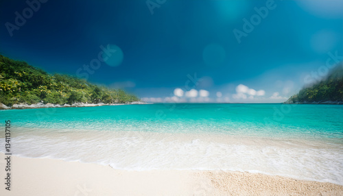 A quiet  secluded beach with turquoise water and white sand.