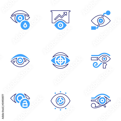 Eye icon set. Bold line style. Duotone colors. Editable stroke. bionic eye, eye drop, eye of ra, red eye, eye, strategic vision, visibility, visualization