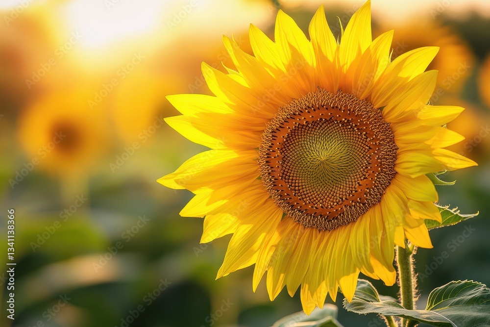 Obraz premium Single sunflower blossoming in a sunlit field during golden hour.